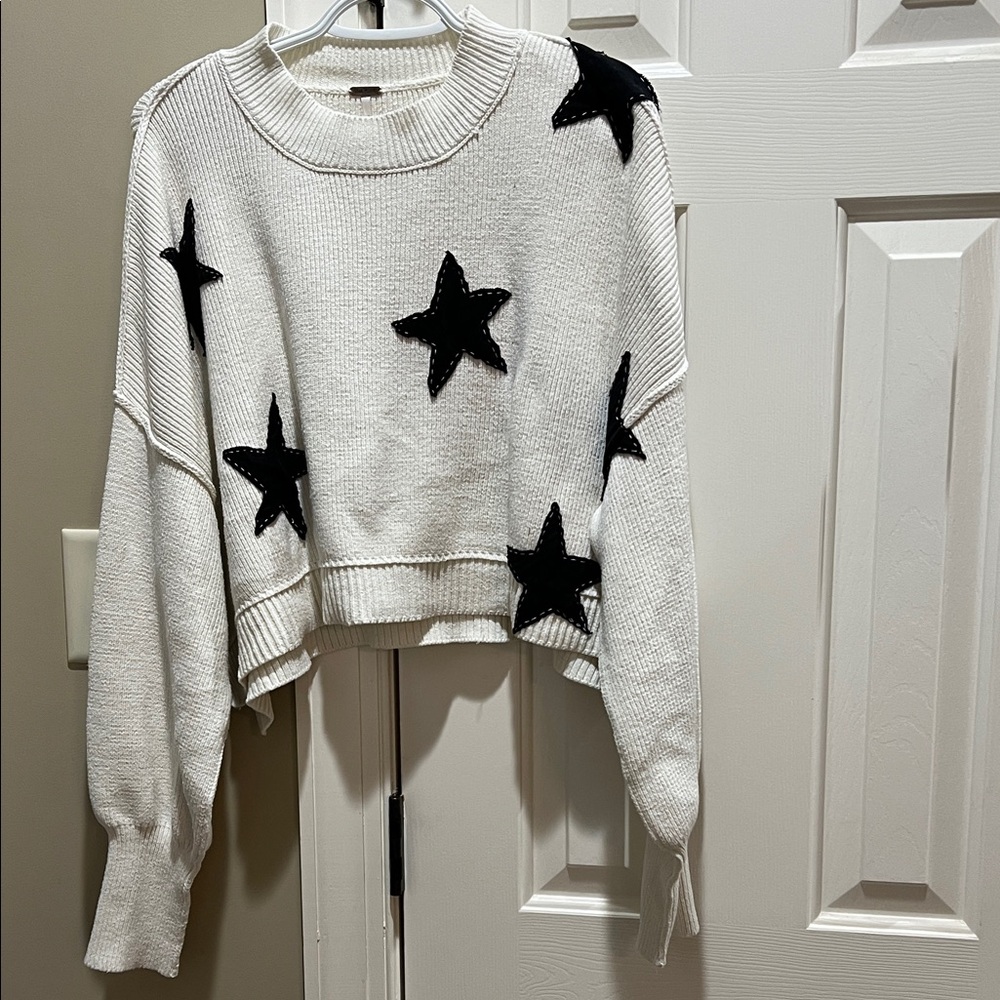 Free People Cream Sweater with Black Star Accents